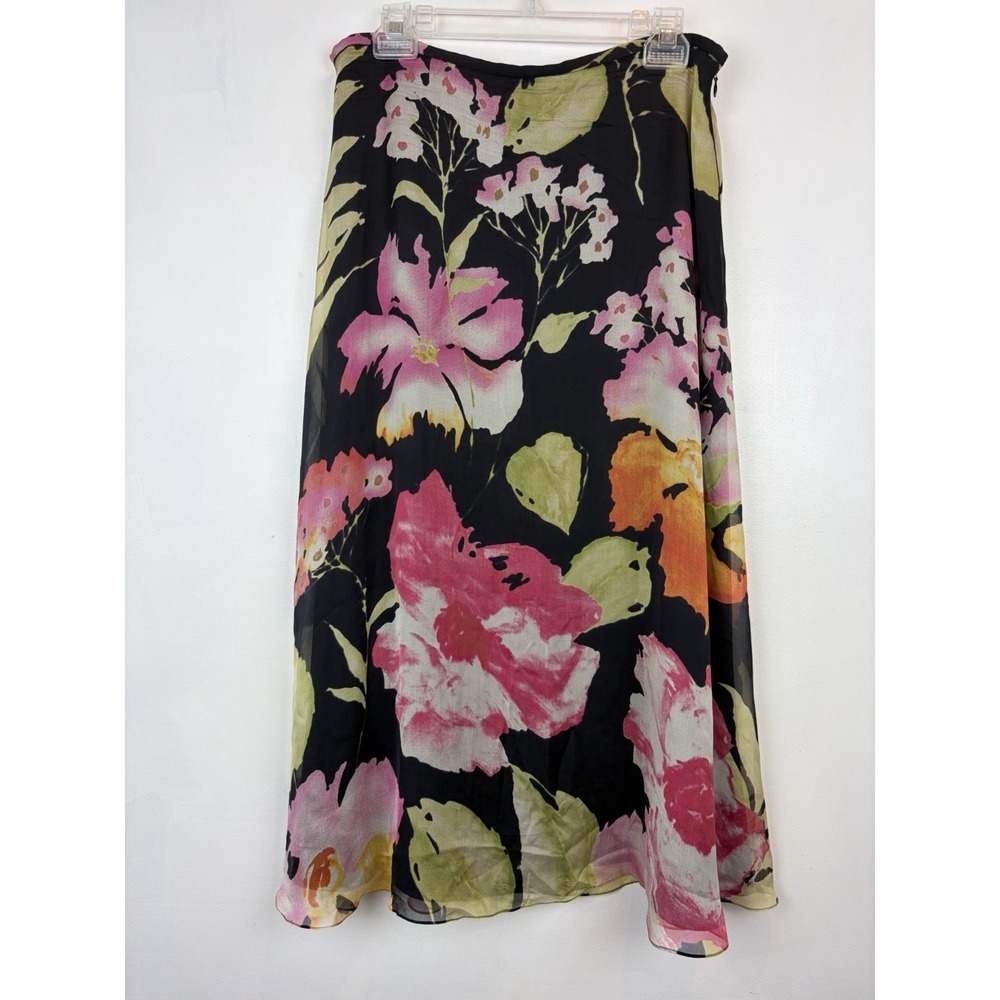 Dana Buchman Maxi Skirt Womens 14 Petite Black Silk Floral Flowy Sheer Flowy